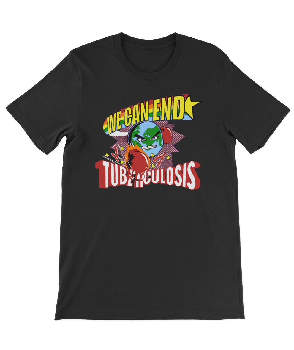 Photo of the TBFighters T-Shirt which is black with a graphic reading 'WE CAN END TUBERCULOSIS' in all caps along with a cartoon of the globe punching the word 'tuberculosis'